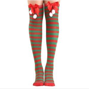 Red and Green Pom Pom Knee Socks